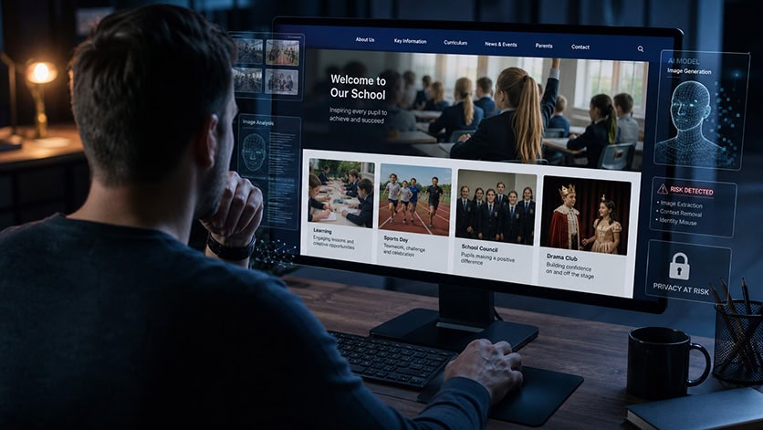 An image of a man sat in front of a computer looking at a school website.